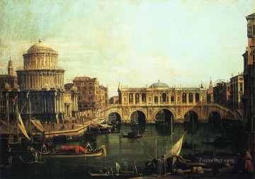 街並み Painting - 架空のリアルト橋とその他の建物のある大運河のカプリッチョ カナレット ヴェネツィア